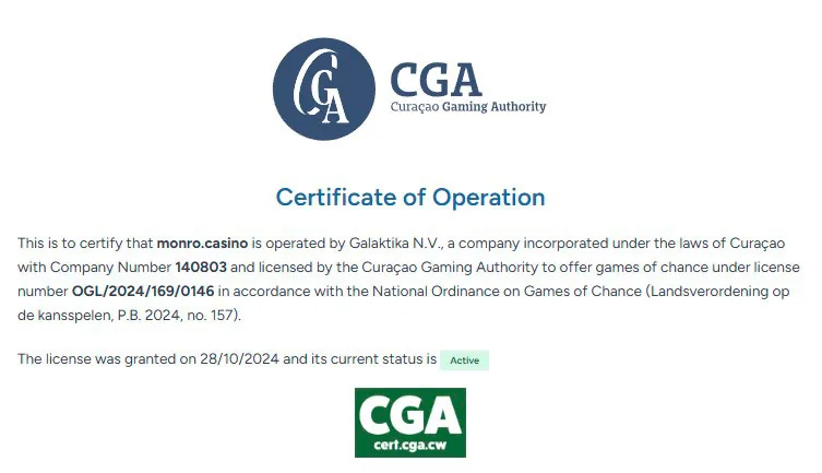 Zertifikat CGA monro casino